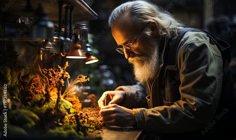 Man With Long Beard and Glasses Working on Wood
