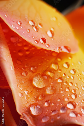 Close-up of dew drops on vibrant orange rose petal, ideal for nature themes and romantic occasions.