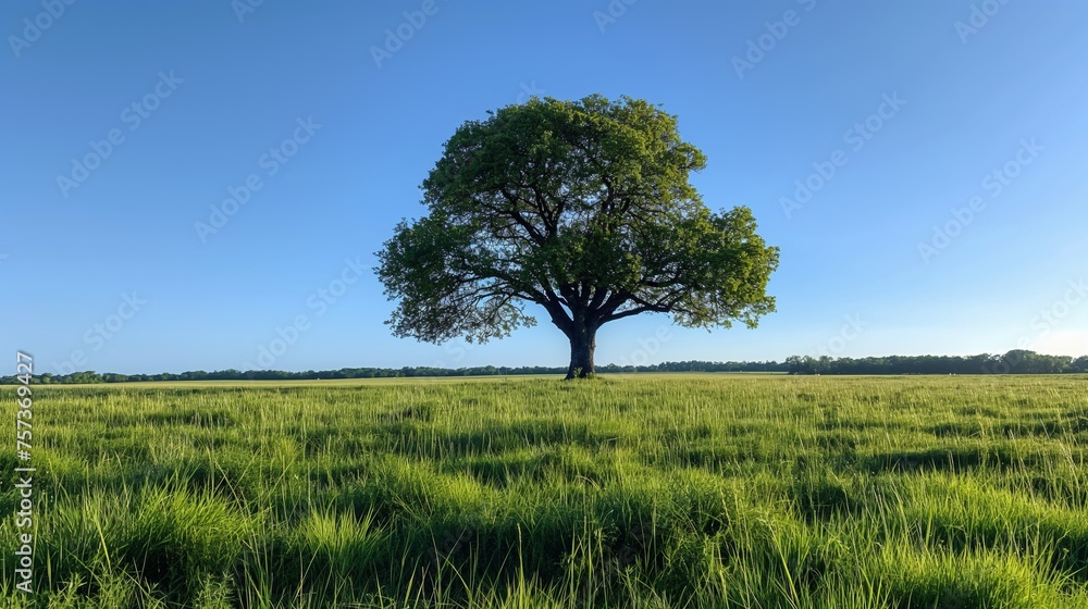 Fototapeta premium Tree on a meadow against a blue sky.