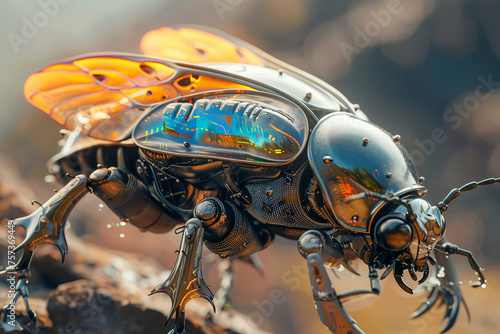 Sci-fi inspired beetle robot detailed macro photography reveals its metallic carapace and intricate wings.