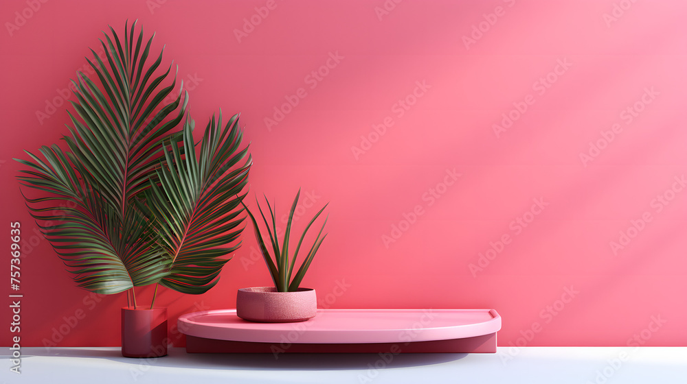 Lush green tropical plants placed on a pink podium against a vibrant pink wall Lush green tropical plants placed on a pink podium against a vibrant pink wall