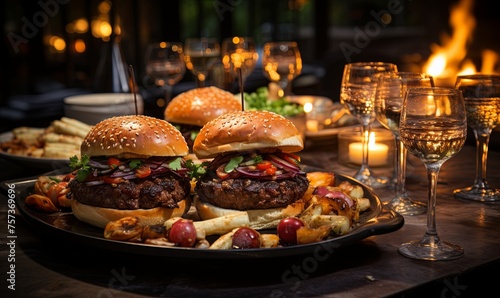 Two Hamburgers  Fries  and Wine Glasses on Plate