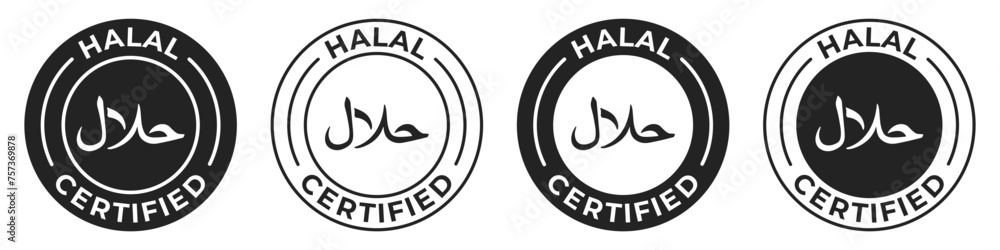 Halal certified label vector icon set. Islamic Halal illustration for product package isolated. Muslim Ramadan food quality. Arabic food seal. Halal certified label vector icon set. Islamic Halal illustration for product package isolated. Muslim Ramadan food quality. Arabic food seal.