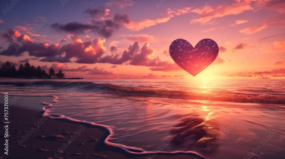 Fototapeta premium A digital artwork of a heart-shaped sun setting over a tranquil ocean with a pink-hued sky. 