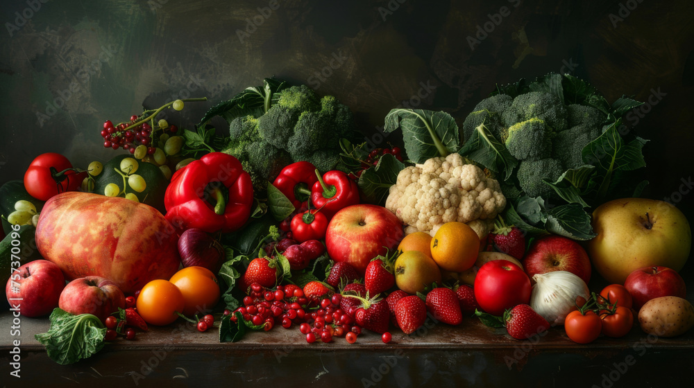 A lush still life composition featuring an array of fresh, vibrant vegetables and fruits on a dark background. A lush still life composition featuring an array of fresh, vibrant vegetables and fruits on a dark background.
