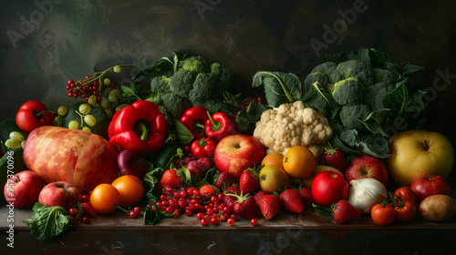 A lush still life composition featuring an array of fresh, vibrant vegetables and fruits on a dark background.