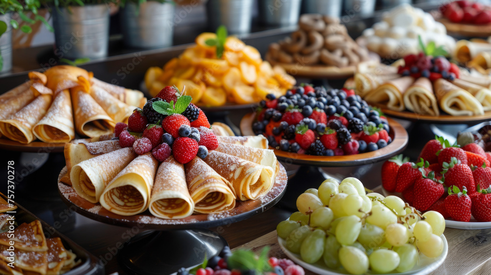 Beautifully arranged crepes rolled and filled with an assortment of berries and fruits, presented on elegant plates