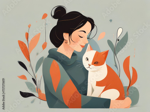 Flat vector style  girl with a white fluffy cat in her arms, a background of tropical leaves. Abstract design in boho style.