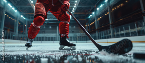 Generative AI, Hockey player skating with stick and puck in sport ice arena, rink stadium 