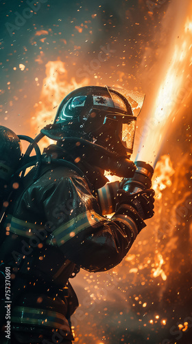 A firefighter battling blazes with a holographic water cannon © DJSPIDA FOTO