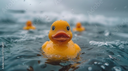 A yellow rubber duck is in the water with two other ducks photo