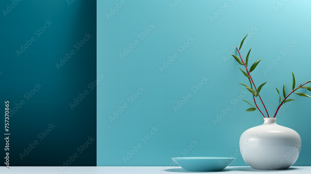 Serene image of a white vase with delicate plant branches placed on a blue surface with a calming blue backdrop and a bowl