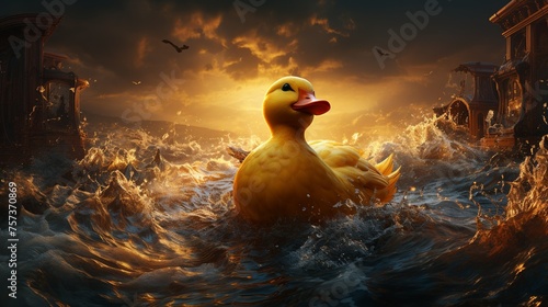 A duck is swimming in a body of water with a sunset in the background