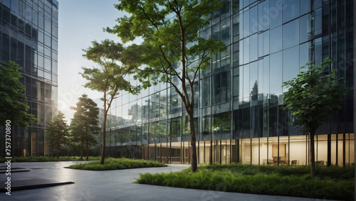 Glass office building harmoniously integrated with trees, emphasizing corporate responsibility in reducing carbon dioxide and maintaining a green environment.