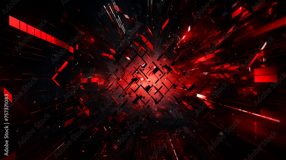 Dynamic abstract image with an explosion of red and black geometric shapes, giving a sense of chaotic movement.
Dynamic abstract image with an explosion of red and black geometric shapes, giving a sense of chaotic movement.