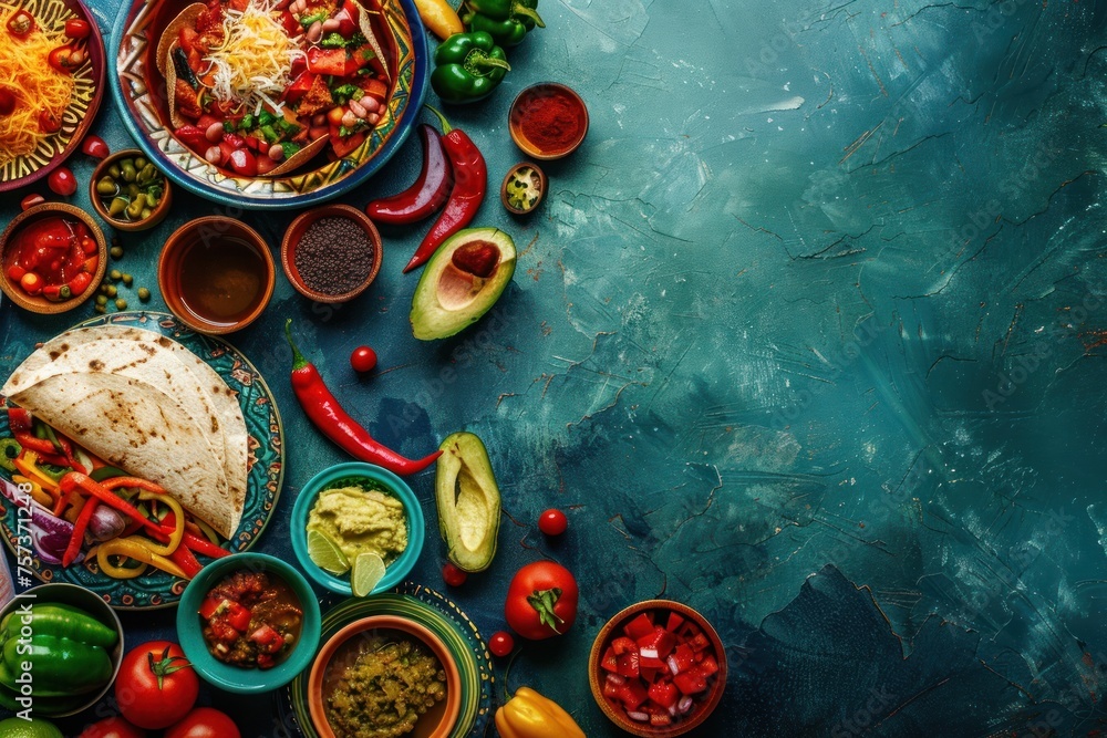 A table full of food with a blue background. Mexican Independence. Cinco de mayo Concept