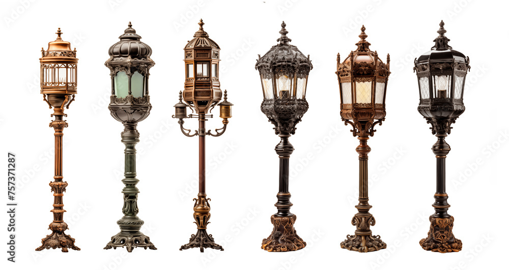 Colección de viejos postes de la lámpara de la calle o farolas
Poste de luz farola aislada en fondo transparente.