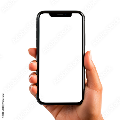 Mano sosteniendo un moderno teléfono móvil.
Mock-up de teléfono celular con pantalla blanca sobre fondo transparente. photo