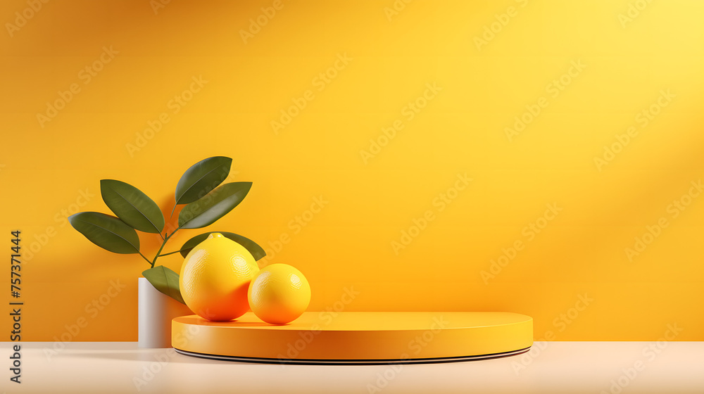 A composition of fresh oranges placed on a circular pedestal with a vibrant yellow backdrop, ideal for healthy lifestyle themes A composition of fresh oranges placed on a circular pedestal with a vibrant yellow backdrop, ideal for healthy lifestyle themes