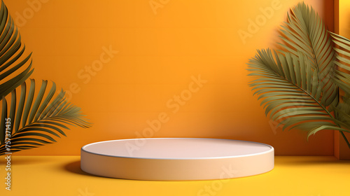 A serene setting featuring a center stage podium with tropical foliage in the corners on a smooth orange backdrop