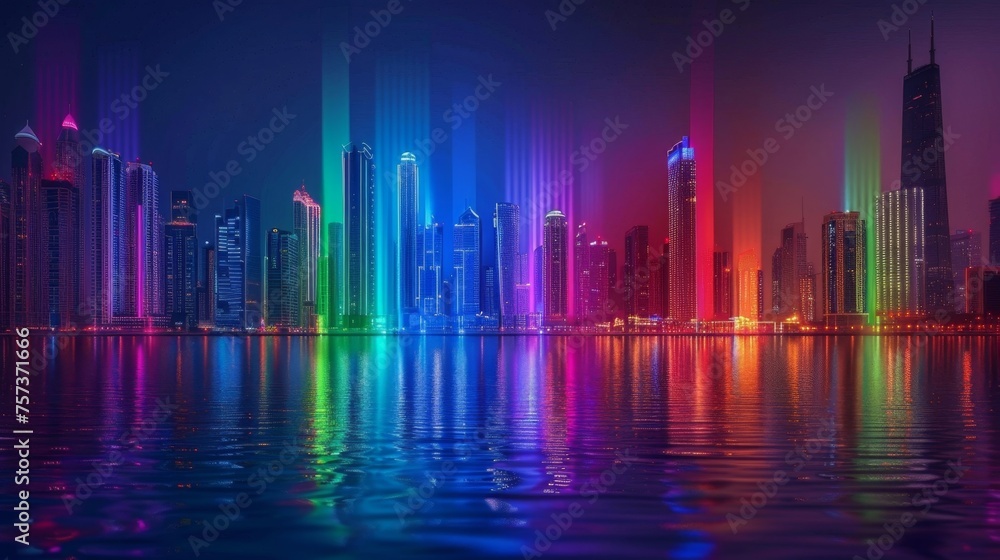 Dazzling Cityscape Illuminated with Vibrant Neon Lights Reflecting on Water