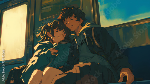 anime girl falls asleep on guy's shoulder while sitting photo