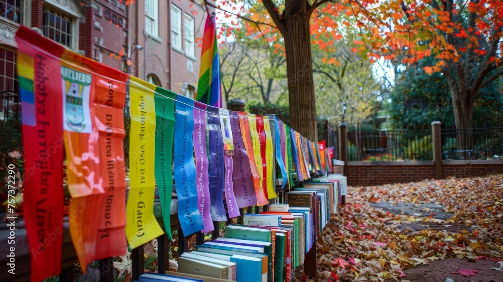 Vibrant Display of Rainbow Flags and Books Outdoors in Autumn