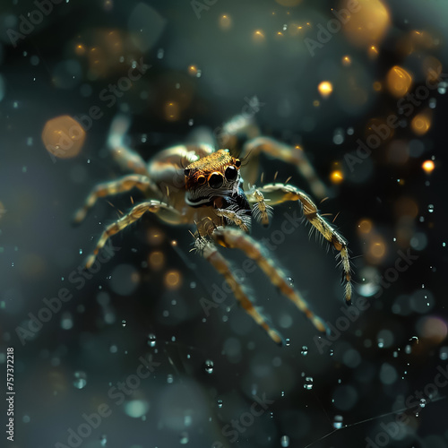 A musical journey unfolds as a spider glides on air currents tiny earbuds in © Kornkanok