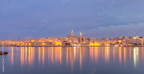 St John's Cathedral on the Valletta waterfront at sunset.