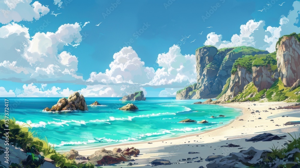 Fototapeta premium Coastal Paradise Illustrated in Wallpaper