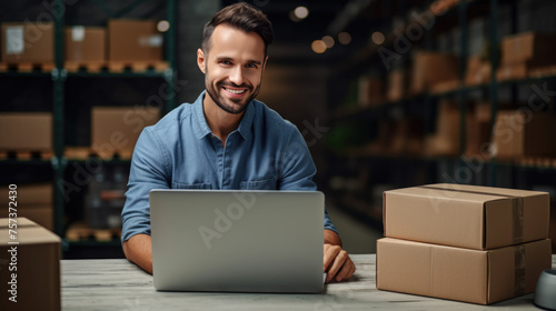 Man working on a laptop in a warehouse environment, with shelves stocked with boxes in the background © MP Studio