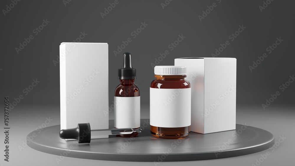 3d render of medicine bottles with blank label on grey background 3d render of medicine bottles with blank label on grey background