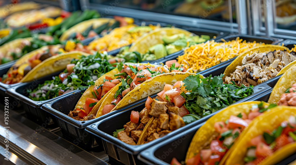 An alluring display of various freshly prepared tacos with vibrant toppings and a variety of proteins in a modern serving tray
