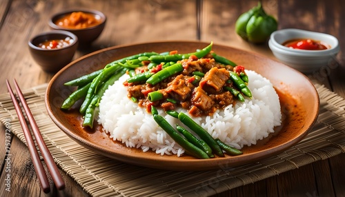 Stir fried pork with yard long bean and red curry paste served with rice, Thai food
