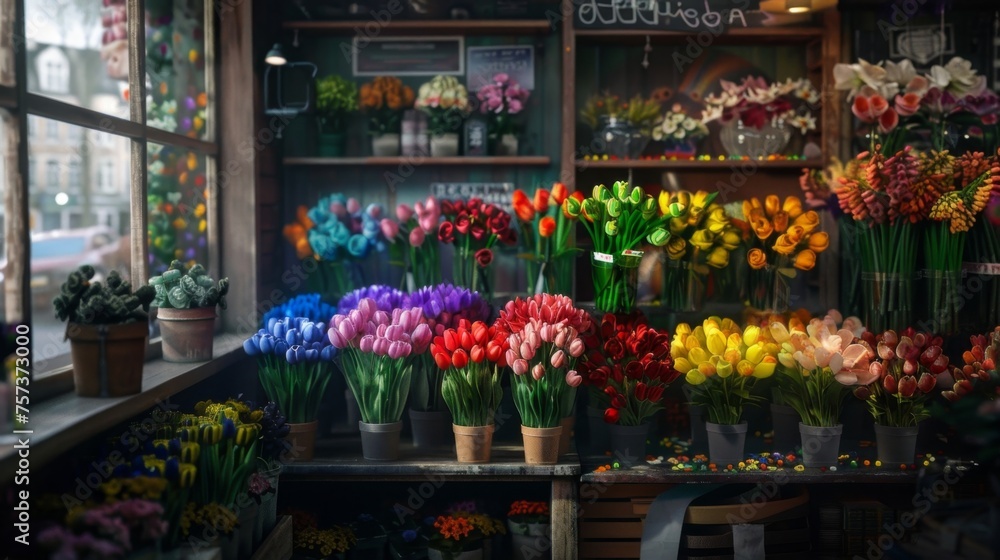 Vibrant Flower Shop Display with a Variety of Colorful Blossoms