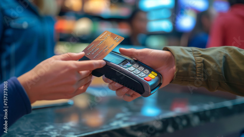 a person's hand holding a credit card and using it to complete a payment on a card terminal, depicting a financial transaction in a retail setting