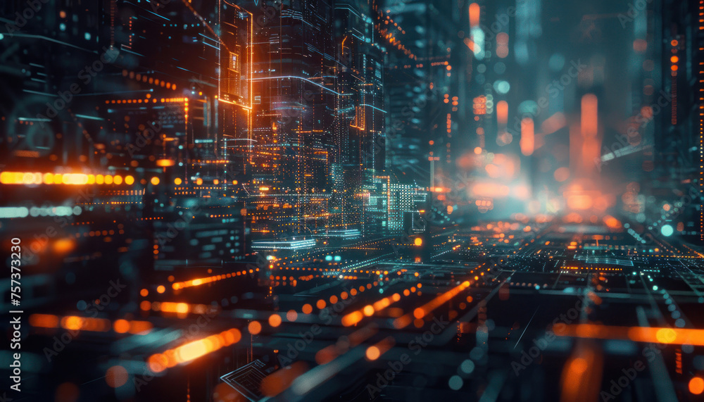 Highlighting a digital circuit board system with glowing orange lights, showcasing a sophisticated network of technology