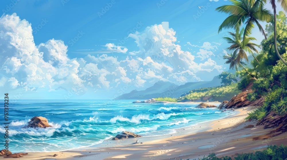 Tranquility Illustrated in Sea Shore Illustration Wallpaper