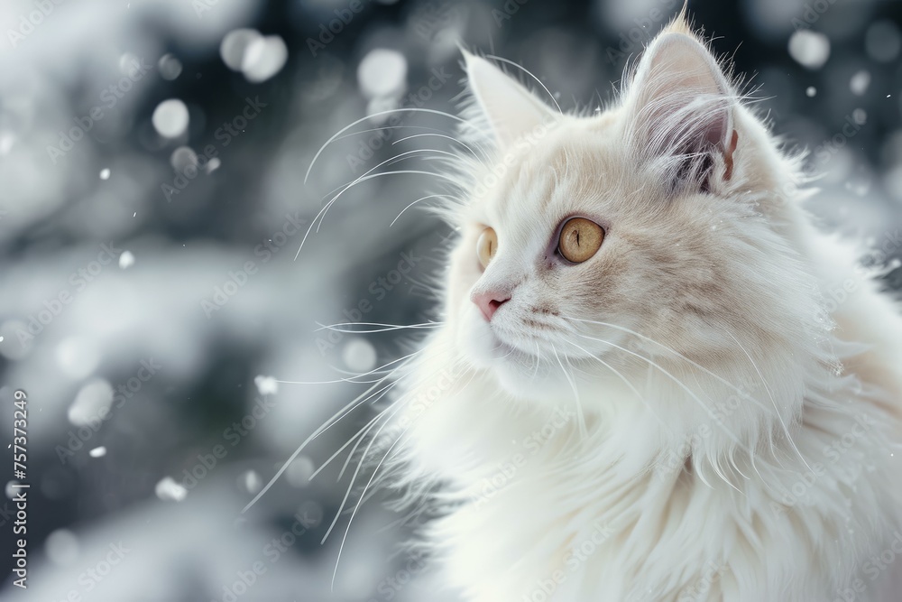Angora cat in snow. Fluffy purebred feline in wintertime season. Generate ai Angora cat in snow. Fluffy purebred feline in wintertime season. Generate ai