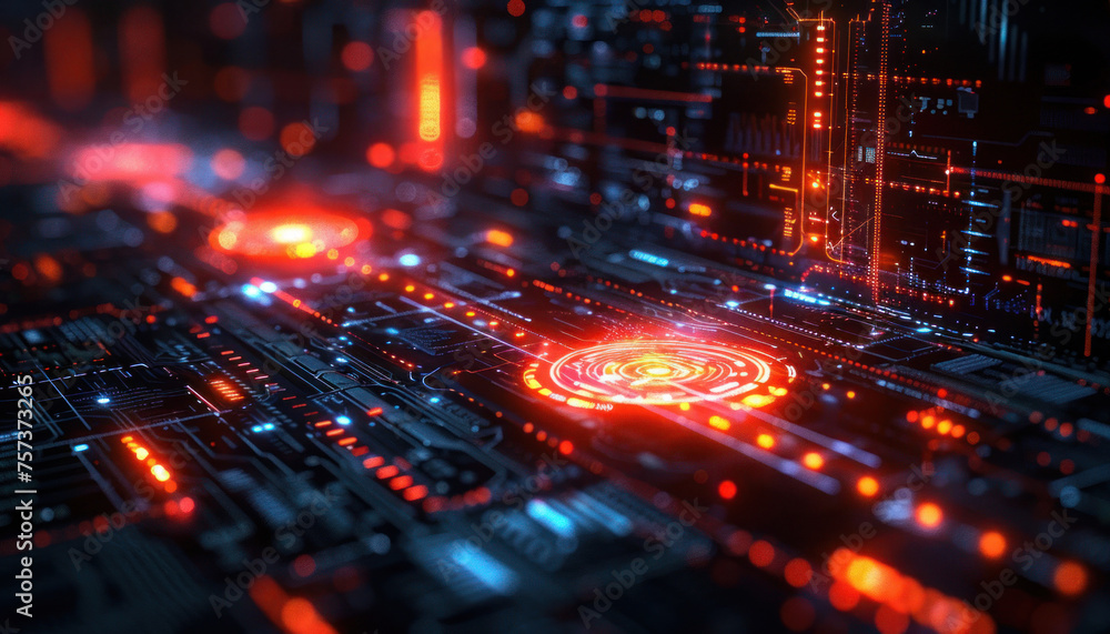 A commanding central red node pulses at the heart of this highly-detailed circuit board design capturing the essence of data centralization A commanding central red node pulses at the heart of this highly-detailed circuit board design capturing the essence of data centralization