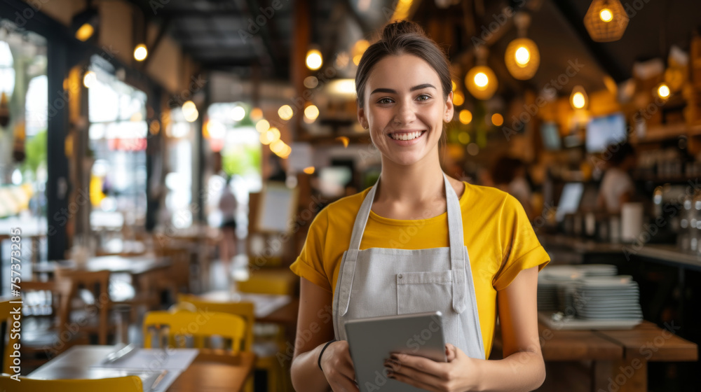 smiling waitress in a yellow shirt and grey apron holding a digital tablet, standing in a modern cafe with yellow chairs and tables in the background. smiling waitress in a yellow shirt and grey apron holding a digital tablet, standing in a modern cafe with yellow chairs and tables in the background.