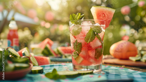 Delightful glass of ice-cold watermelon punch with mint leaves, embodying the essence of summer