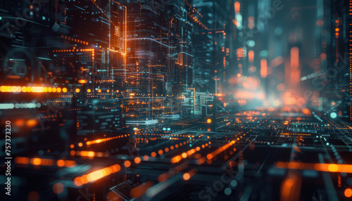 Highlighting a digital circuit board system with glowing orange lights  showcasing a sophisticated network of technology