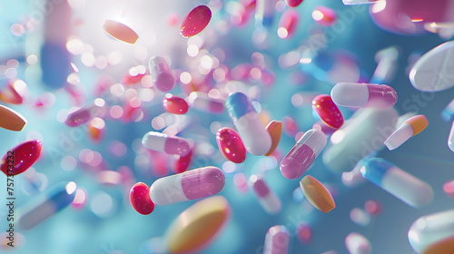 A 3D animator creating a backdrop background filled with floating pills and medicine capsules