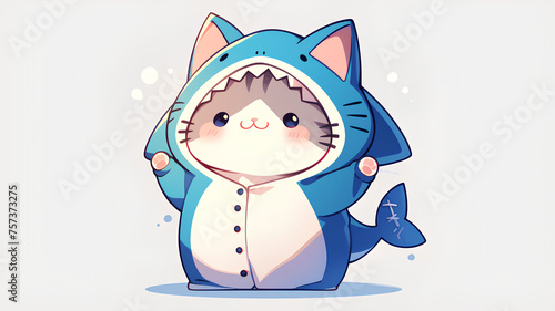 cat wearing blue shark costume anime onesie © Adja Atmaja