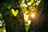 Silhouette of a heart in the foliage of trees poplar. Two beautiful textured tree trunks with green juicy leaves in the rays of sunlight.