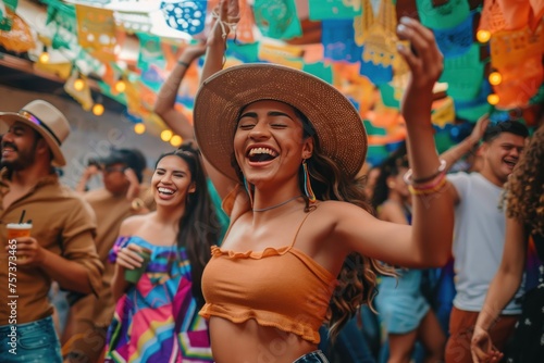 People having fun and dancing at a Cinco de Mayo celebration. The atmosphere is lively and fun, with everyone enjoying themselves
