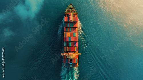 A dynamic 3D animation of a cargo ship from above with intricately designed containers showcasing its role in international transportation and shipping