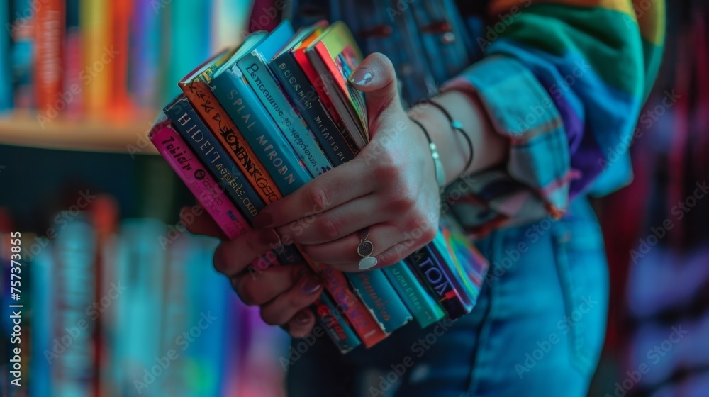 Avid Reader Showcasing a Colorful Collection of Books in a Vibrant Library - obrazy, fototapety, plakaty 