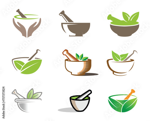 Creative bowl leaves therapy ayurveda pharma collection logo vector symbol design illustration	
